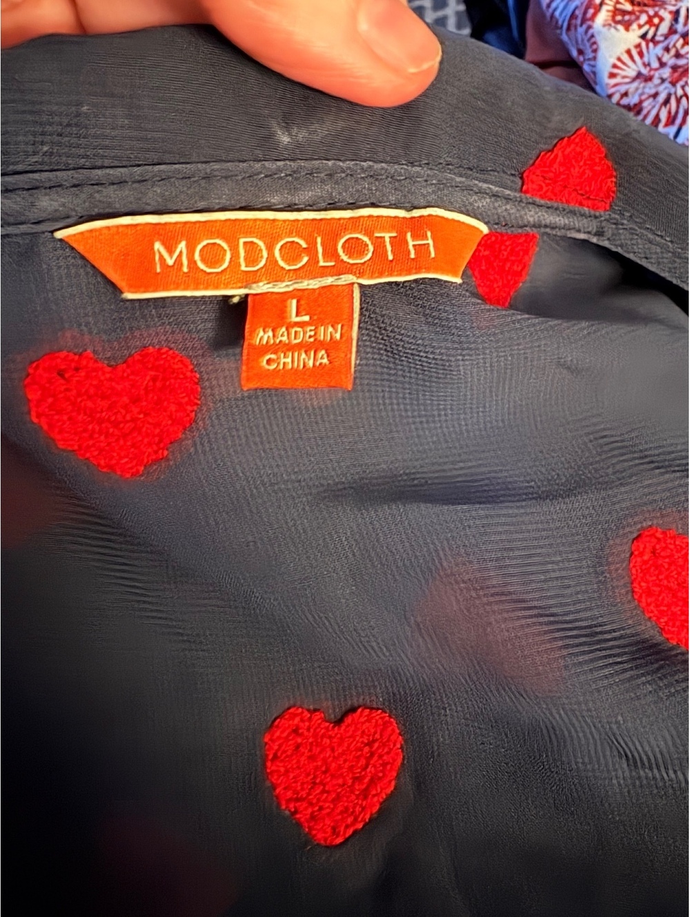 ModCloth Navy Blue Sheer Blouse with Red Heart Embroidery, Size L - Picture 4 of 4